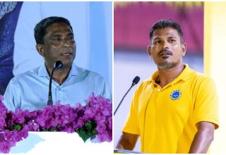 ރައްޔިތުންގެ މަޖިލިހުގެ ތިނަދޫ އުތުރު ދާއިރާގެ  މެމްބަރު ސައުދުﷲ ހިލްމީ އަދި ތިނަދޫ ސިޓީގެ މޭޔަރު، ސައުދު އަލީ/ ފޮޓޯ: ފައިލް