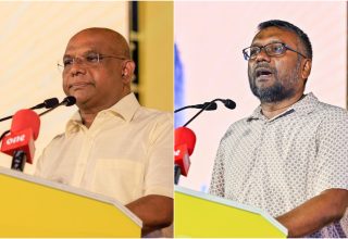 އެމްޑީޕީގެ ރައީސް އަބްދުﷲ ޝާހިދާއި، ޕާޓީގެ ޗެއާޕާސަން ފައްޔާޒް އިސްމާއިލް/ ފޮޓޯ: މިހާރު