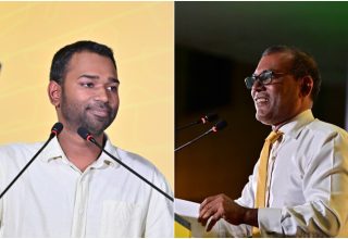 އެމްޑީޕީ ޗެއާޕާސަންކަމަށް ވާދަކުރާނެކަން އިއުލާނު ކުރައްވާފައިވާ ކުރީގެ ރައީސް މުހައްމަދު ނަޝީދާއި، ގަލޮޅު ދެކުނު ދާއިރާގެ މެމްބަރު މީކާއިލް އަހުމަދު ނަސީމް/ ފޮޓޯ: މިހާރު