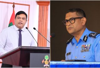 ކުރީގެ ކޮމިޝަނަރ އޮފް ޕޮލިސް އަލީ ޝުޖާއުއާއި، ޓްރާންސްޕޯޓް މިނިސްޓަރ މުހައްމަދު އަމީން/ ފޮޓޯ: ފައިލް