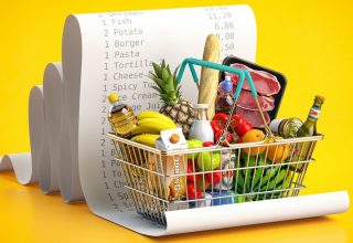 Shopping basket with foods on receipt. Grocery  expenses budget, inflation and consumerism concept. 3d illustration
